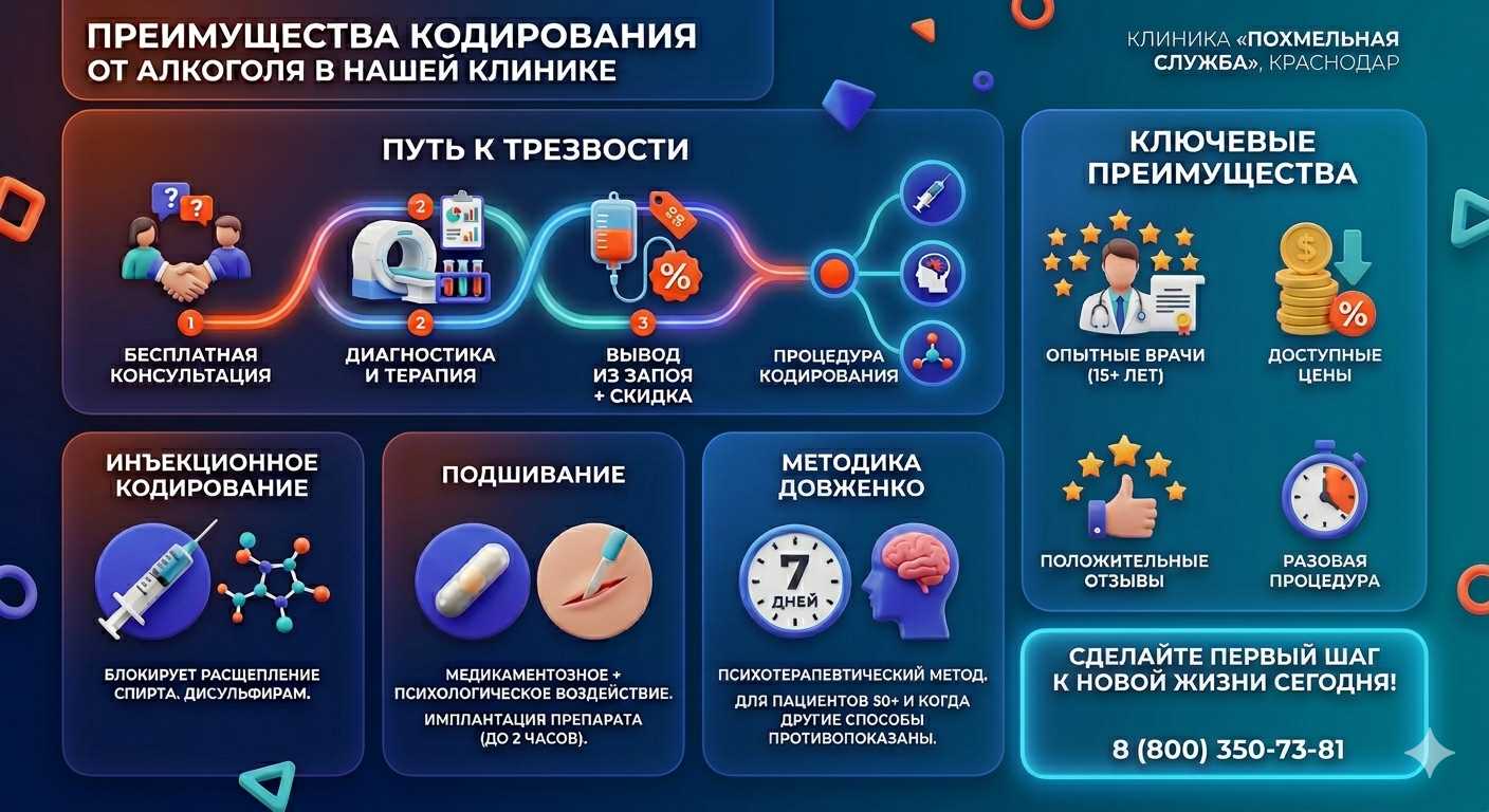 Инфографика о методах кодирования от алкоголя в Угличе: инъекции, подшивание, метод Довженко. Преимущества клиники и этапы лечения.